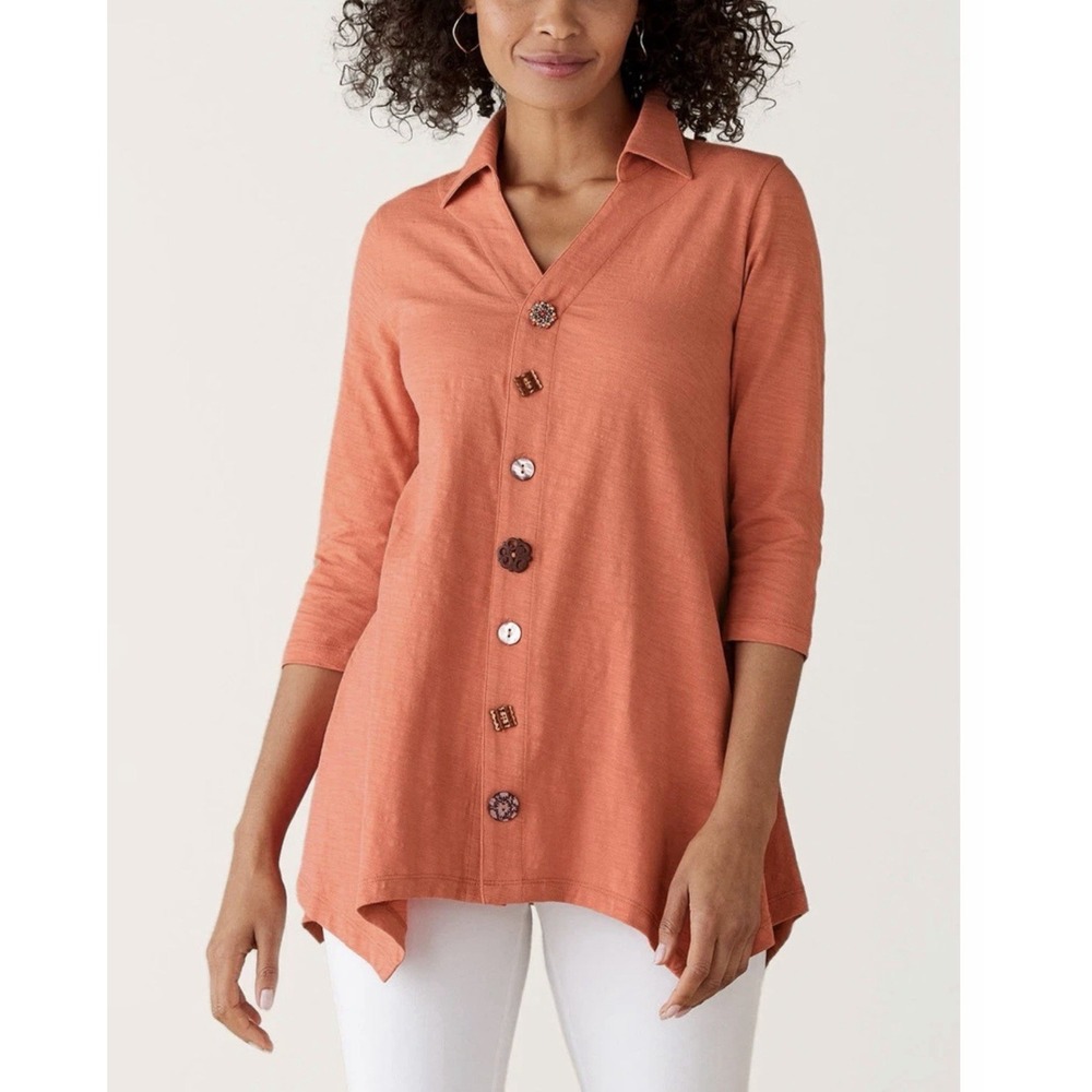 Soft Surroundings Size-1X Top Coral Orange Danielle 3/4 Sleeve Button Tunic